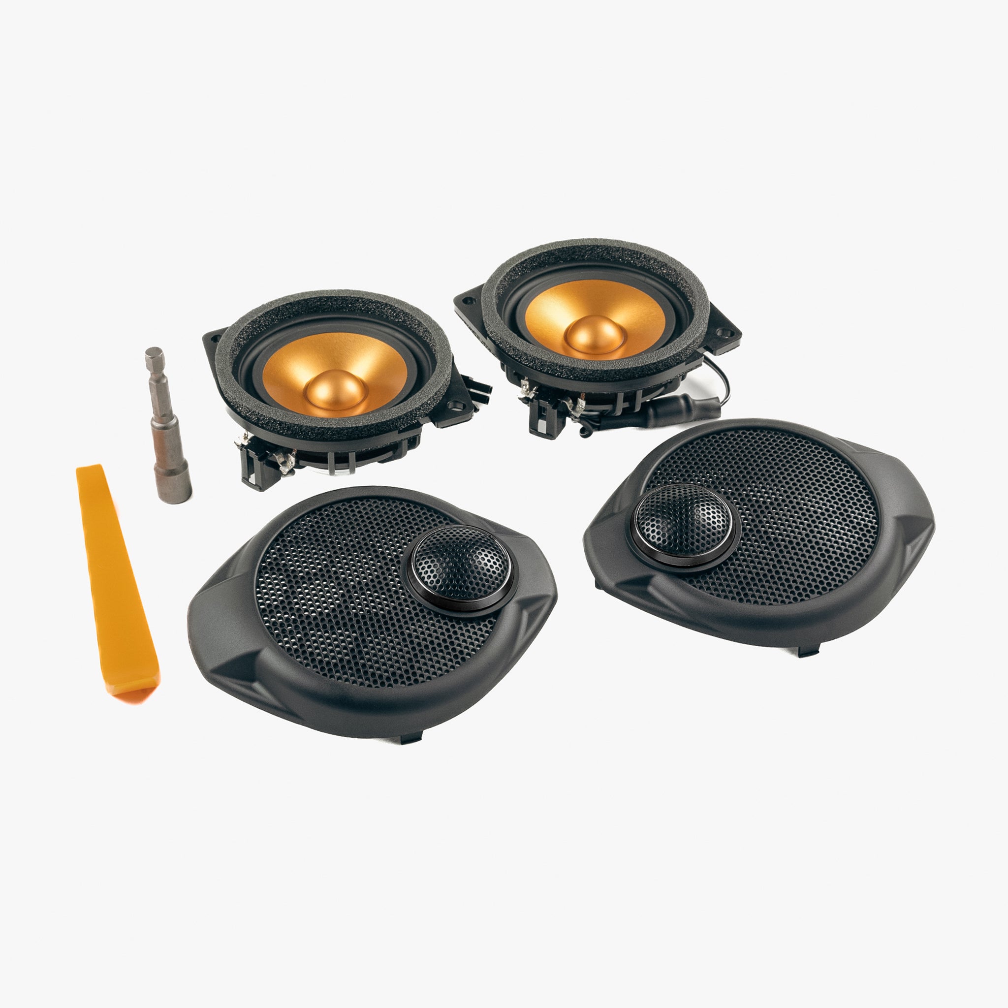 Upgrade your Jeep Wrangler JK dash speakers with our Front SoundStage Upgrade. Includes midrange drivers, tweeters, custom grilles, free shipping and tools.