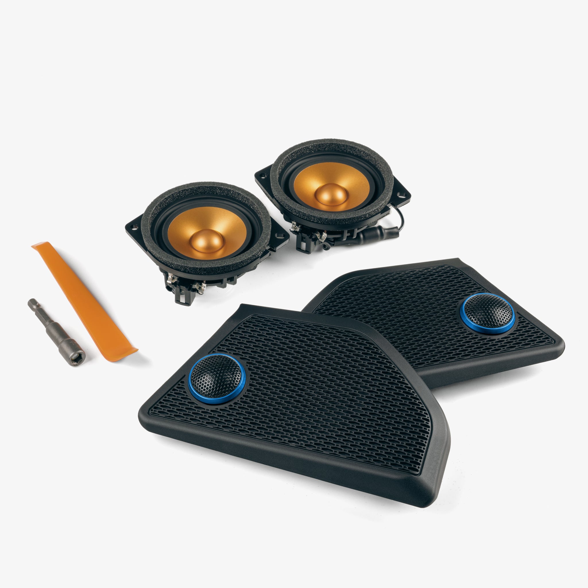 Upgrade your Jeep Wrangler JL dash speakers with our Front SoundStage Upgrade. Includes midrange drivers, tweeters, custom grilles, free shipping and tools.