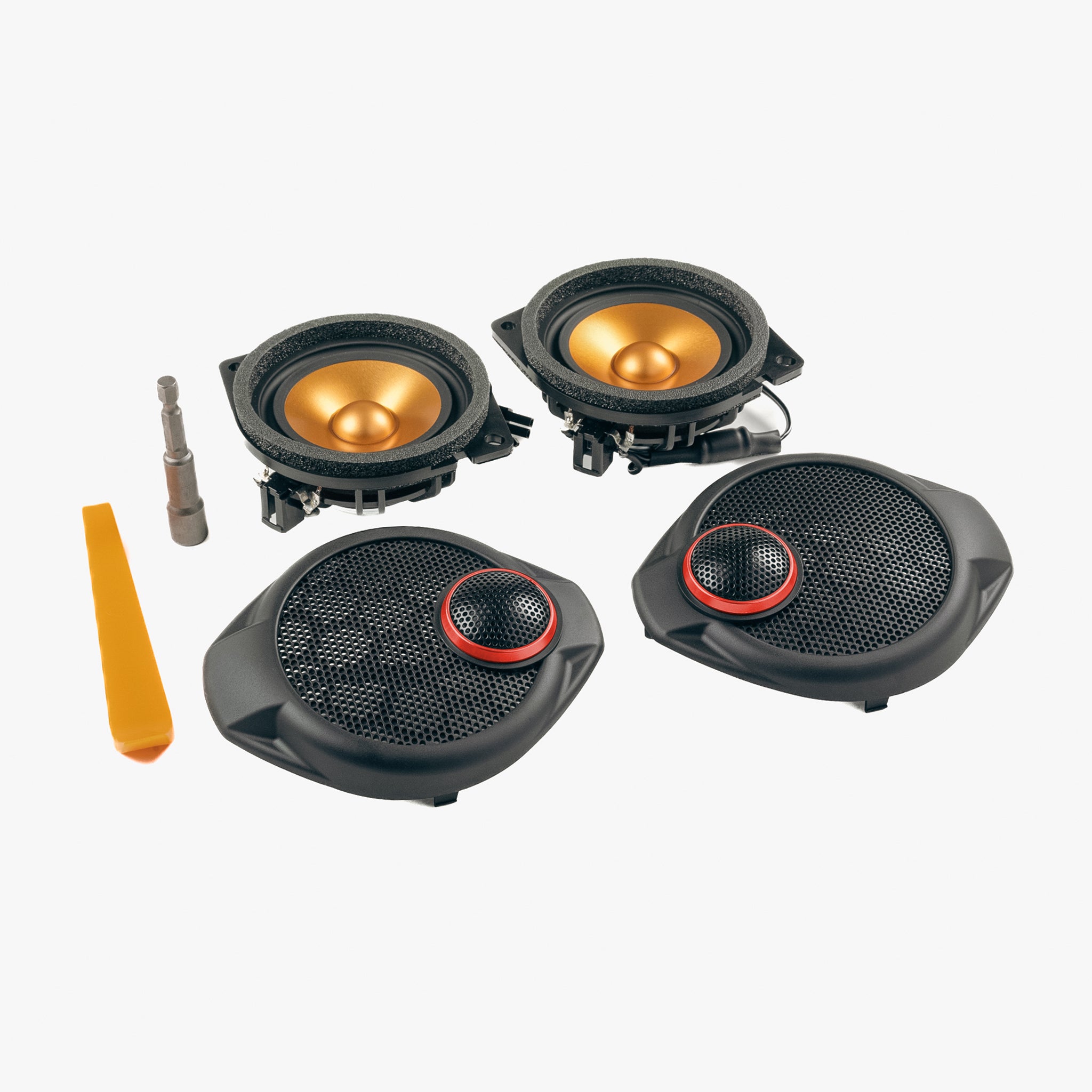 Upgrade your Jeep Wrangler JK dash speakers with our Front SoundStage Upgrade. Includes midrange drivers, tweeters, custom grilles, free shipping and tools. 
