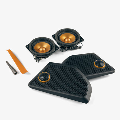 Upgrade your Jeep Wrangler JL dash speakers with our Front SoundStage Upgrade. Includes midrange drivers, tweeters, custom grilles, free shipping and tools. 